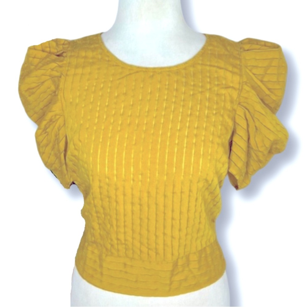 🌼 Milk & Honey Marigold Yellow Puff Sleeve Blouse | Button Back Tie Waist | M